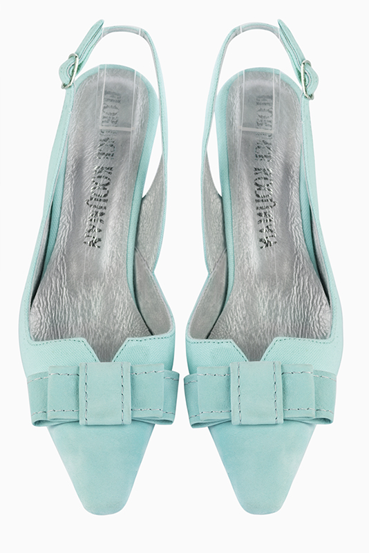 Aquamarine blue women's open back shoes, with a knot. Tapered toe. Medium comma heels. Top view - Florence KOOIJMAN